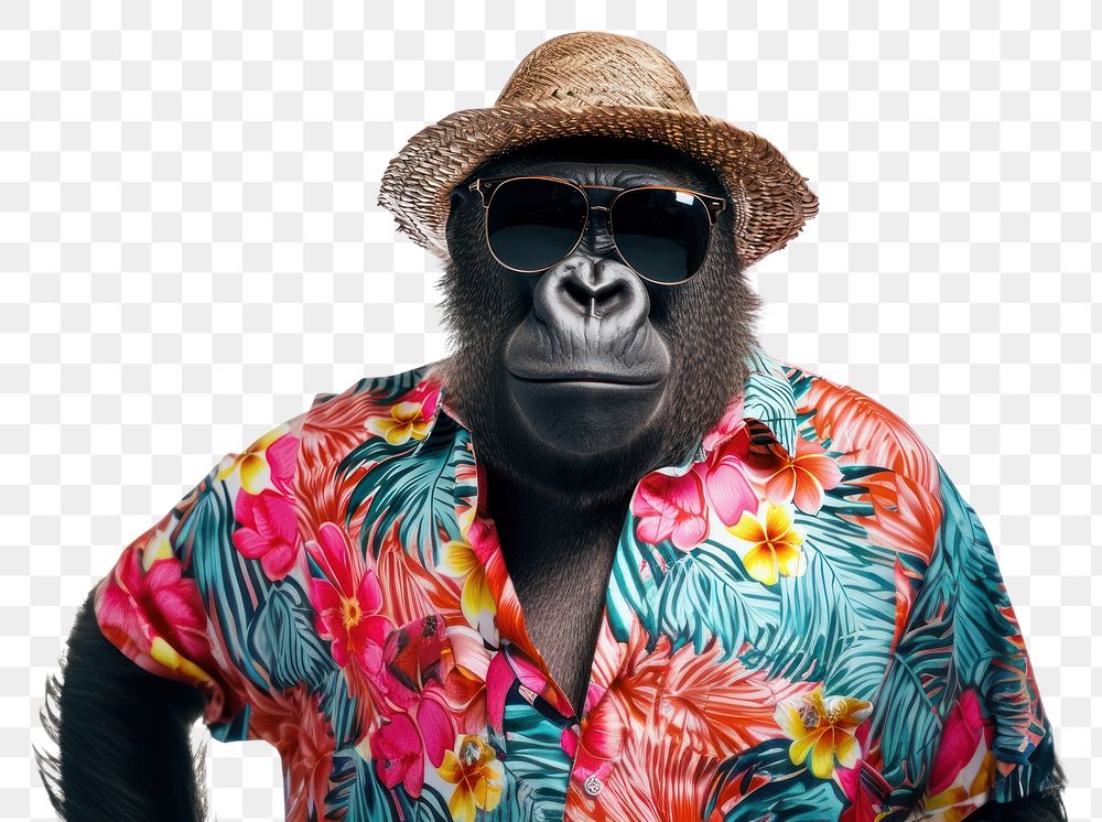 PNG Hat and floral hawaiian shirt sunglasses wildlife gorilla.