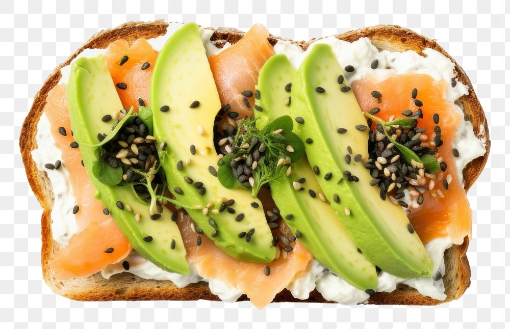 PNG Avocado and salmon toast bread food seed.