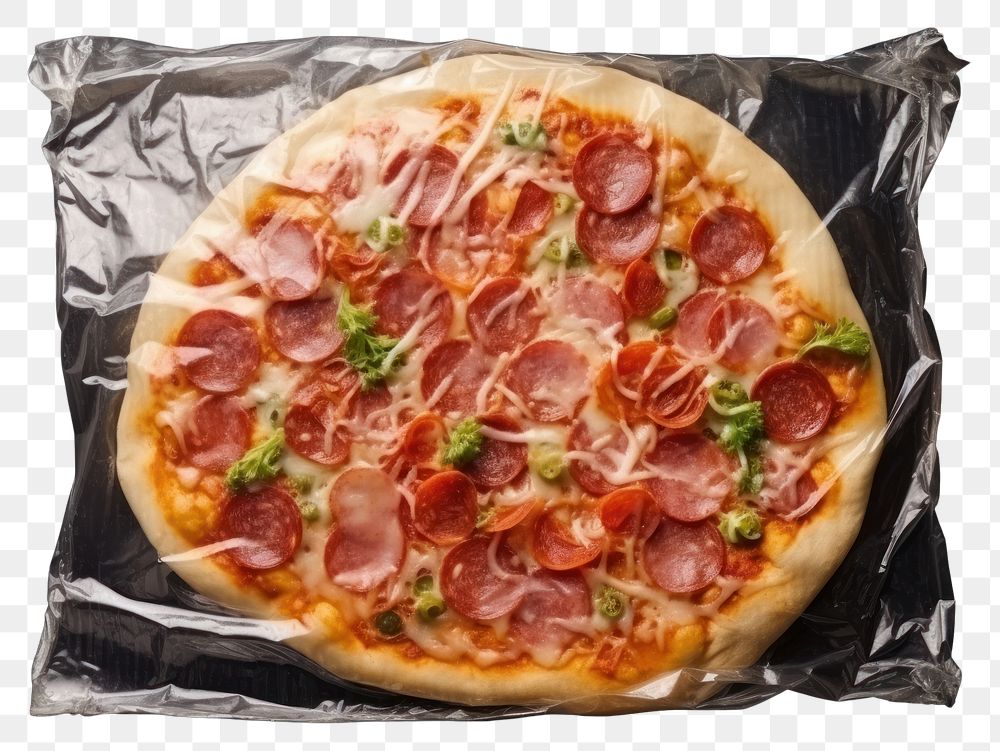 PNG Plastic wrapping over a pizza food prosciutto pepperoni.