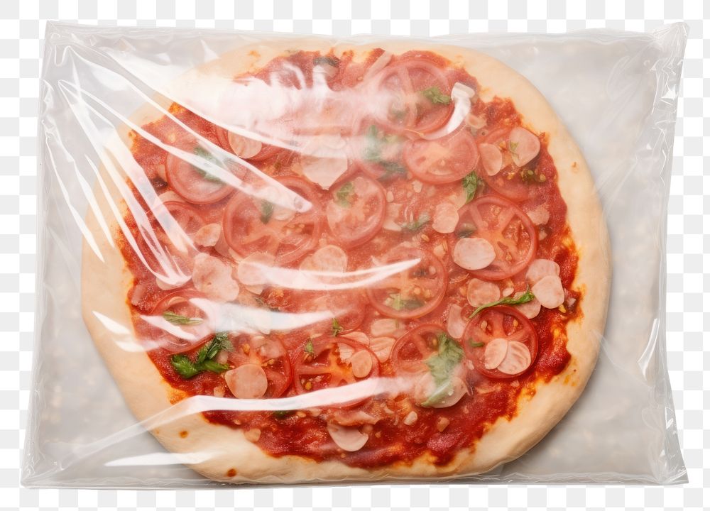 PNG Plastic wrapping over a pizza food pepperoni vegetable.