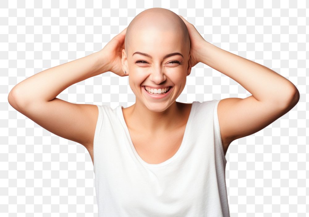 PNG Bald woman touching shaved head smile adult relaxation.