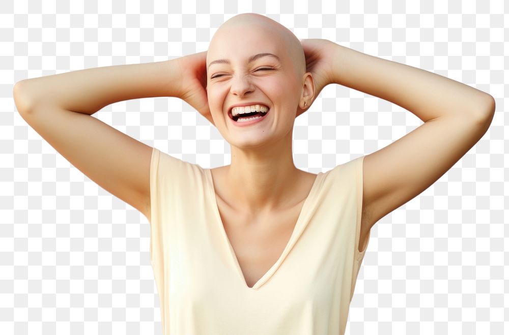 PNG Bald woman touching shaved head smile laughing adult.