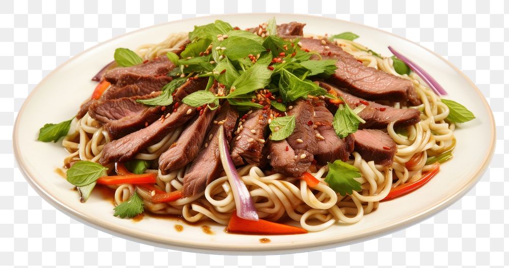PNG Beef noodle salad plate spaghetti pasta.