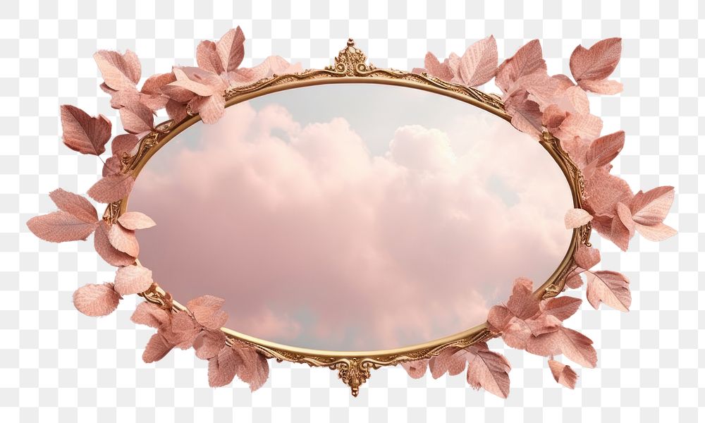 PNG Pink leaves with golden oval frame flower cloud plant.
