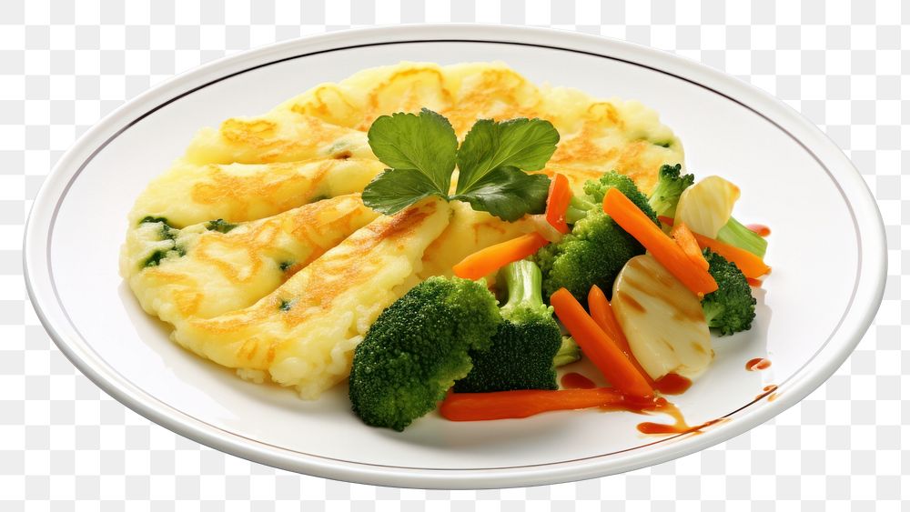 PNG Rice pancake with vegetables omelette plate food.