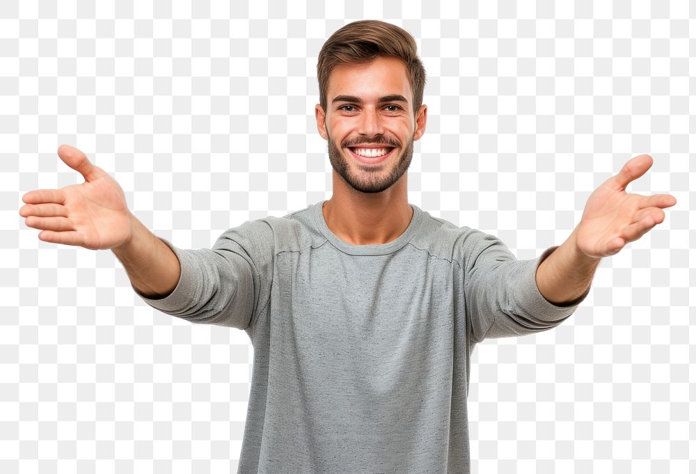 PNG Young handsome caucasian man over isolated background extending hands to the side for inviting to come t-shirt smile…