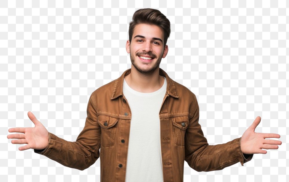 PNG Young handsome caucasian man over isolated background extending hands to the side for inviting to come portrait jacket…