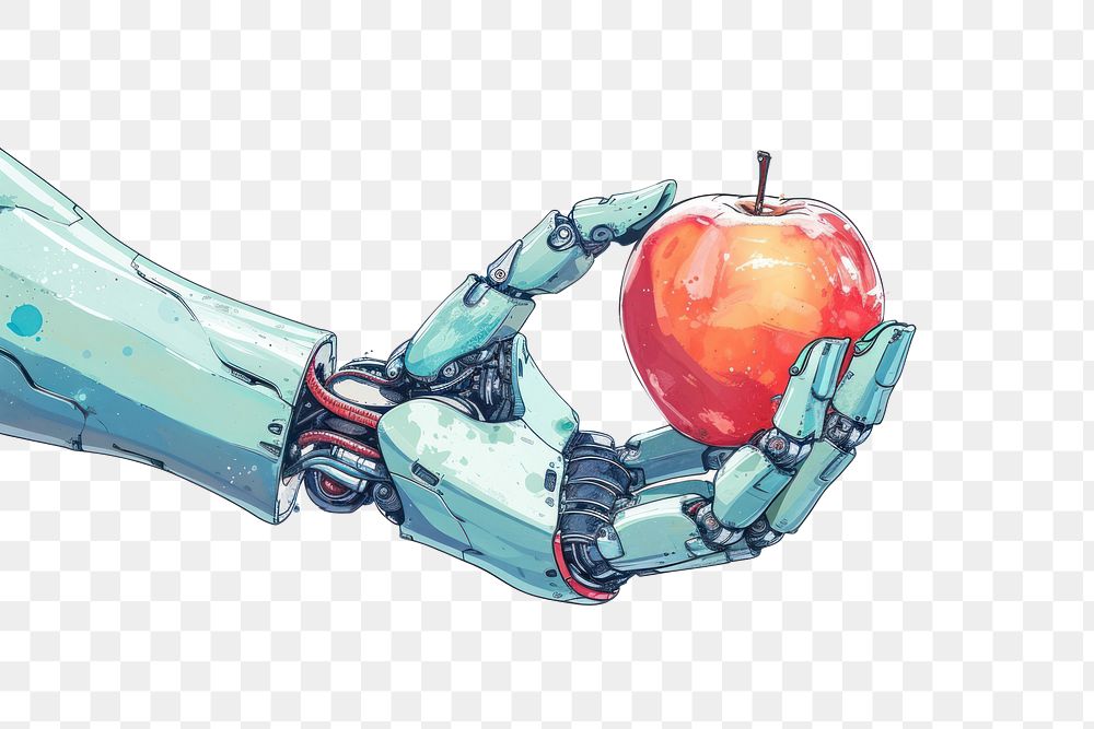 PNG Robot hand holding apple cartoon technology painting.
