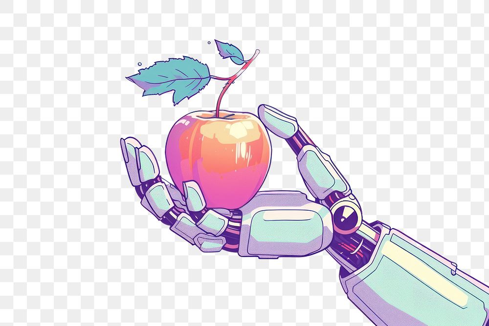 PNG Robot hand holding apple cartoon plant technology.
