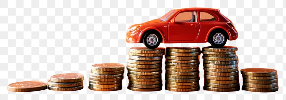 PNG Photo of a car model beside a stack of coins vehicle wheel money.