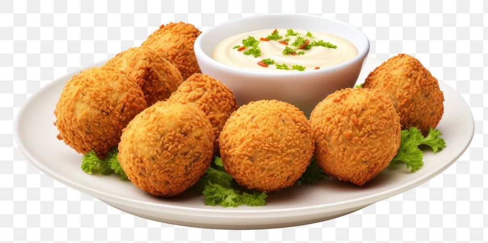 PNG Plate of fried falafel balls fritters food white background.