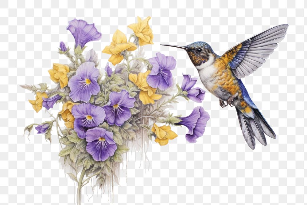 PNG A hummingbird with yellow and purple flowers drawing animal flying