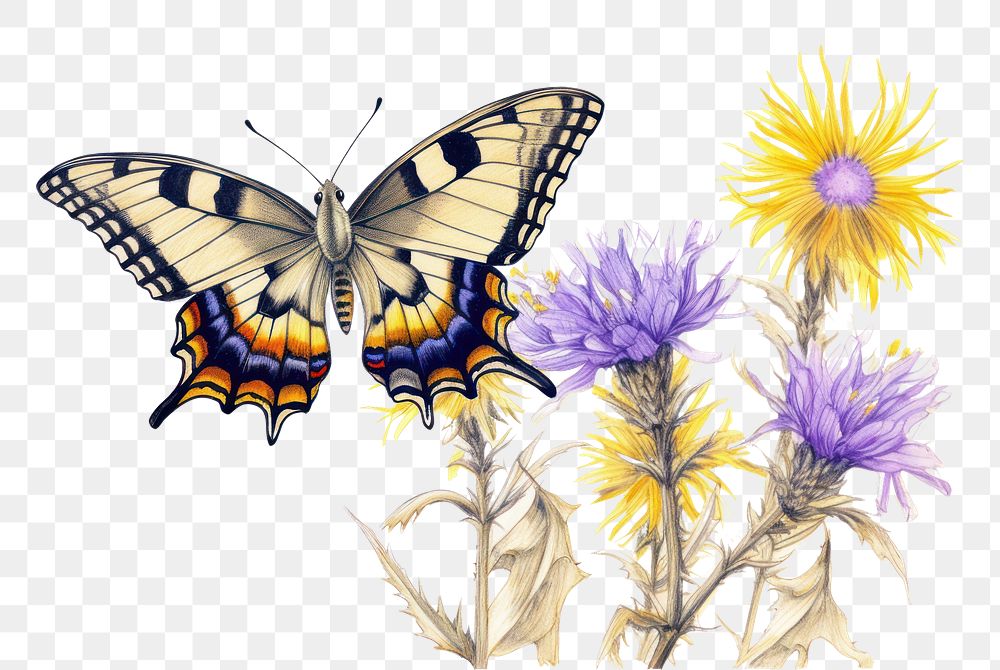 PNG Butterfly with yellow and purple flowers drawing sketch insect