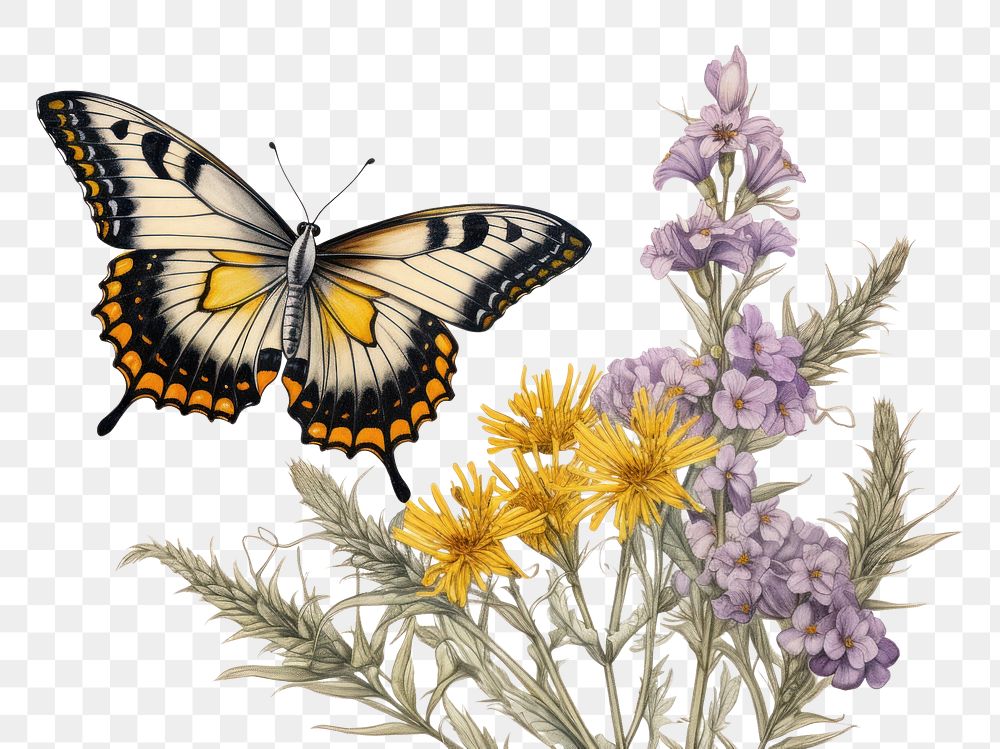 PNG Butterfly with yellow and purple flowers lavender animal insect