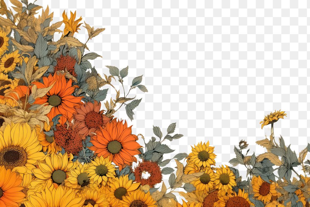 PNG Ukiyo-e art sunflower border backgrounds pattern plant.