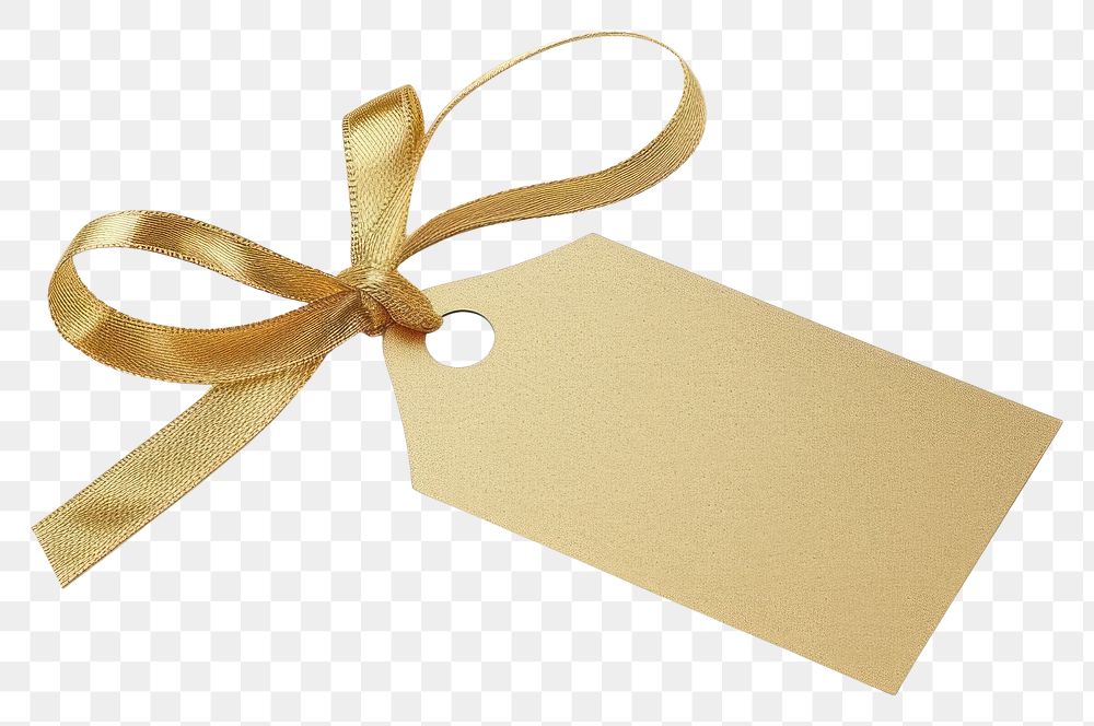 PNG Price tag paper label gift shape with ribbon gold white background celebration.