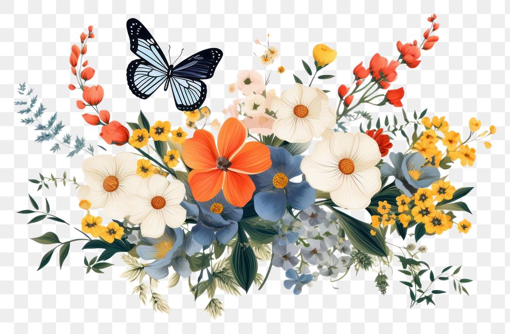 PNG Botanical bouquet vector element flower butterfly painting.
