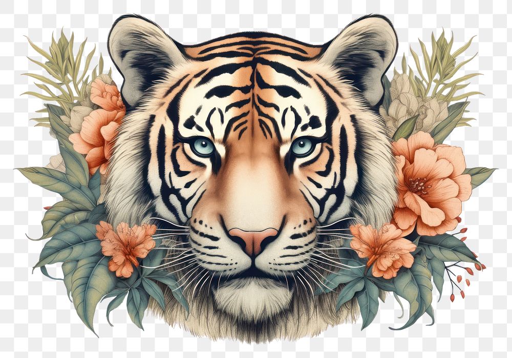 PNG Vintage drawing of tiger animal mammal relaxation