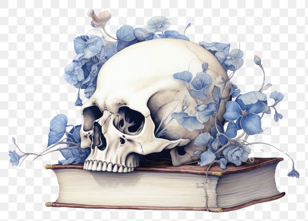 PNG Skull on books with floral illustration publication drawing sketch.