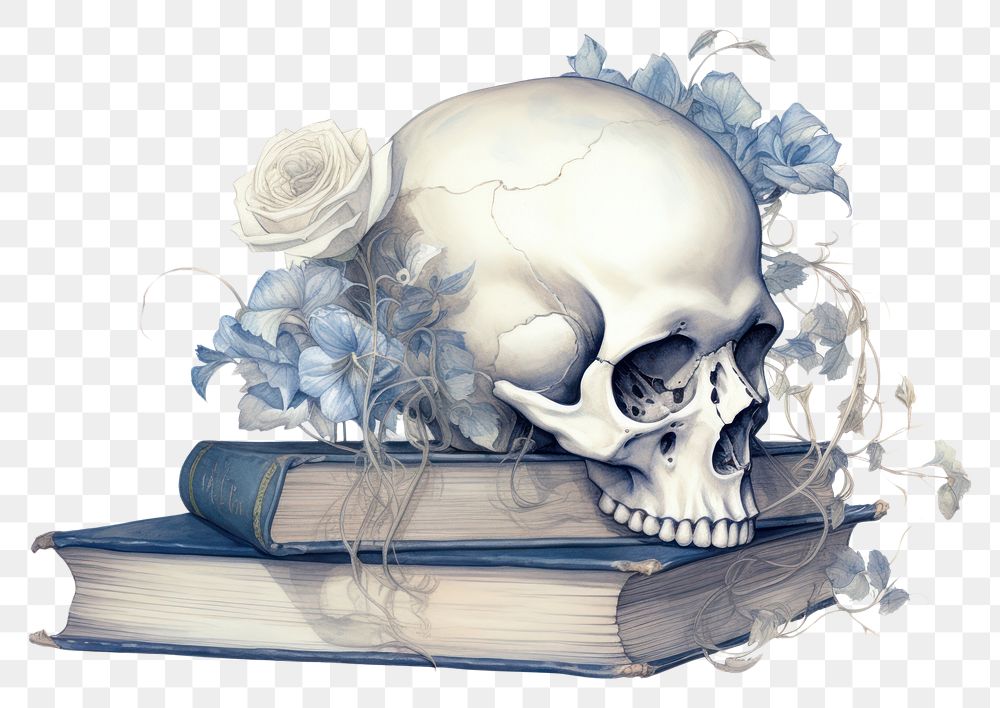 PNG Skull on books with floral illustration publication sketch illustrated.