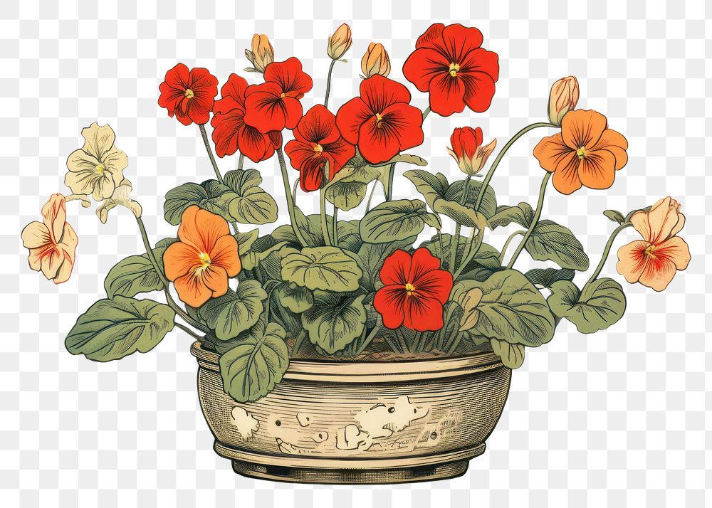 PNG Ukiyo-e art print style flower pot plant red freshness.