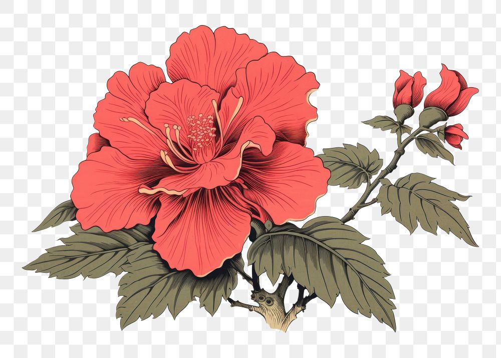 PNG Ukiyo-e art print style pink flower hibiscus plant red.