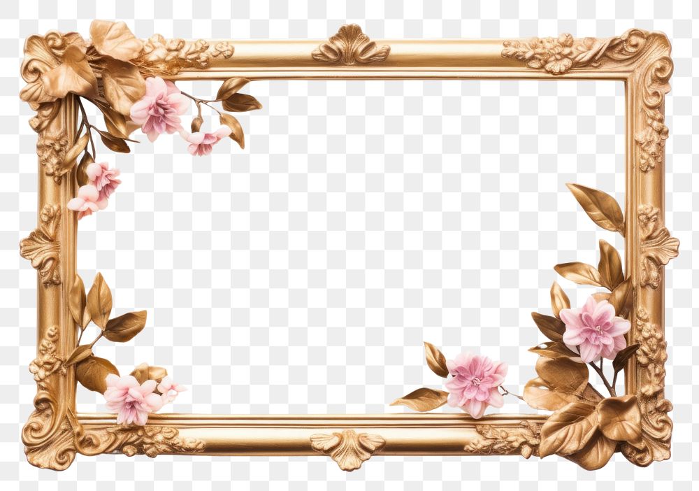 PNG Floral gold frame vintage rectangle flower white background.