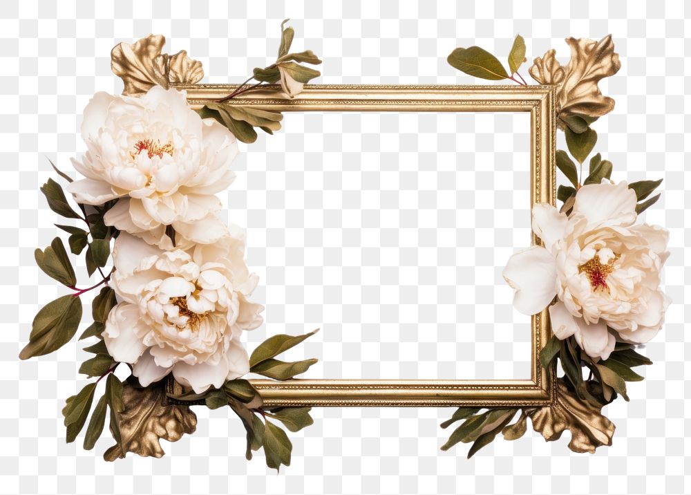 PNG Peony gold frame flower white white background.