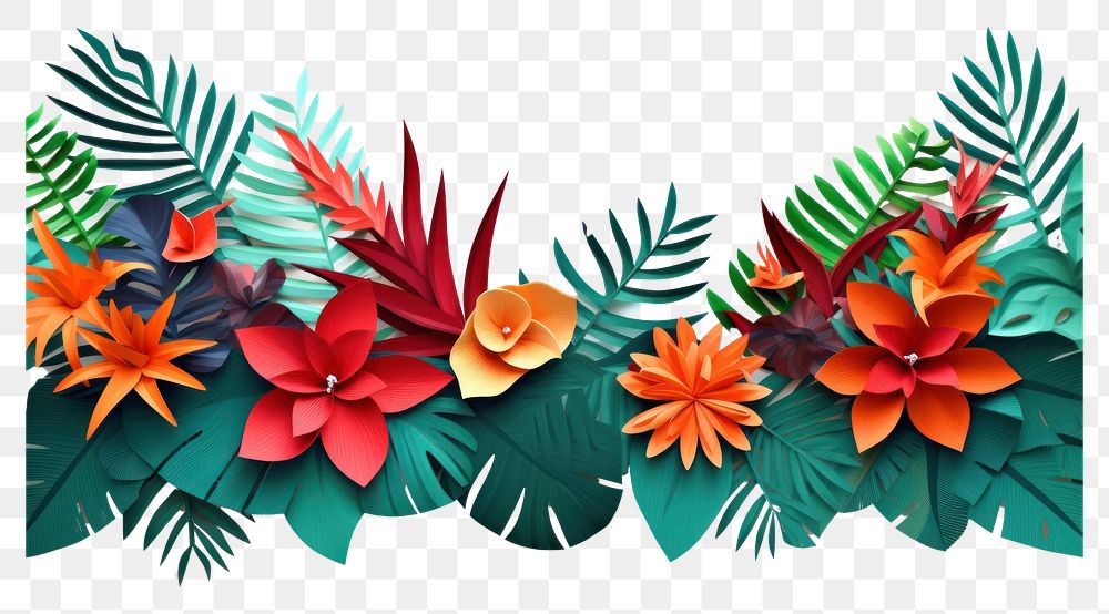 PNG Tropical plants floral border flower pattern origami.