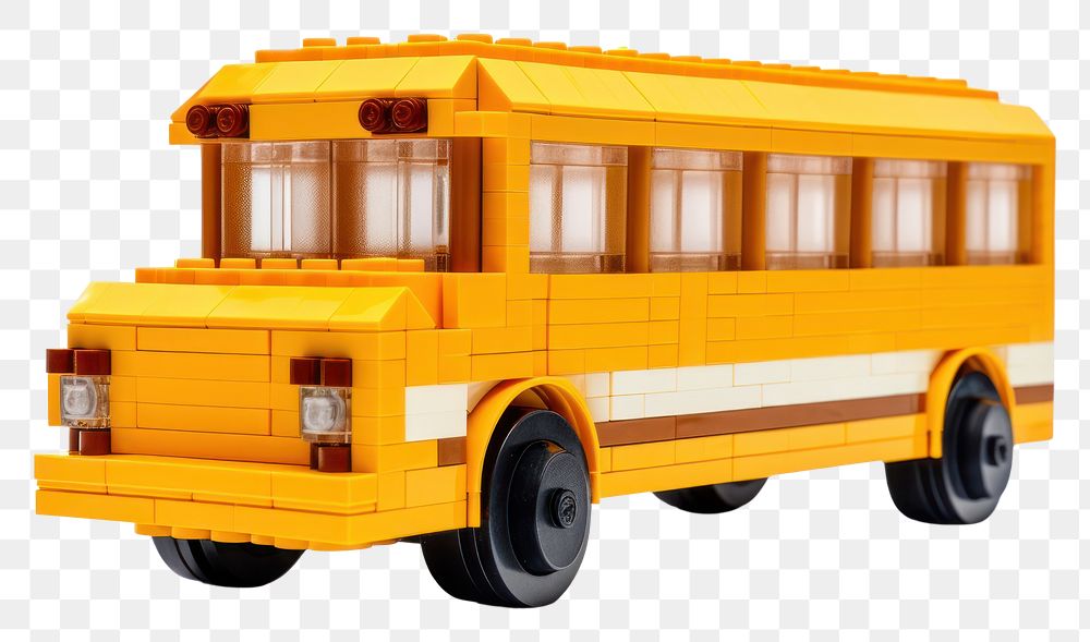 PNG School bus bricks toy vehicle wheel white background.