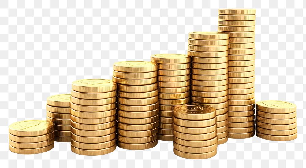 PNG Stacked coins money gold white background.