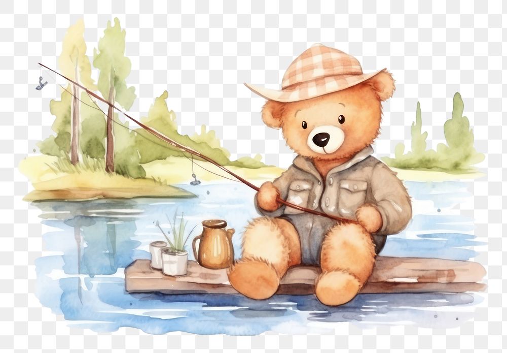 PNG  Teddy bear fishing outdoors water.