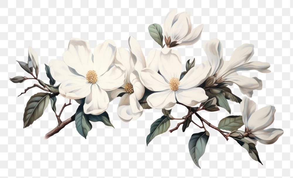 PNG White flowers and buds painting blossom plant.
