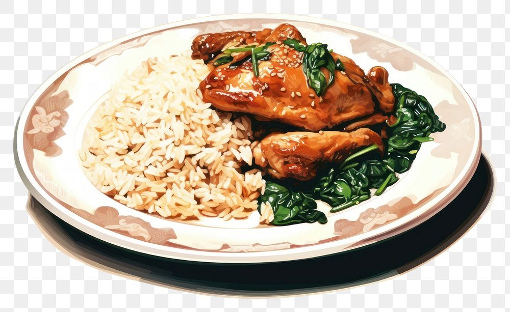 PNG Stir-fried turkey with rice and spinach on a plate meal food dish.