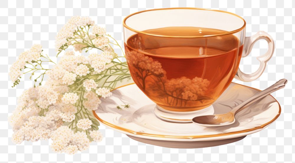 PNG Yarrow flower with a cup of yarrow tea saucer drink plant.