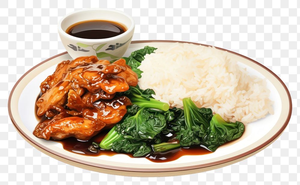 PNG Stir-fried turkey with rice and spinach on a plate vegetable meal food.