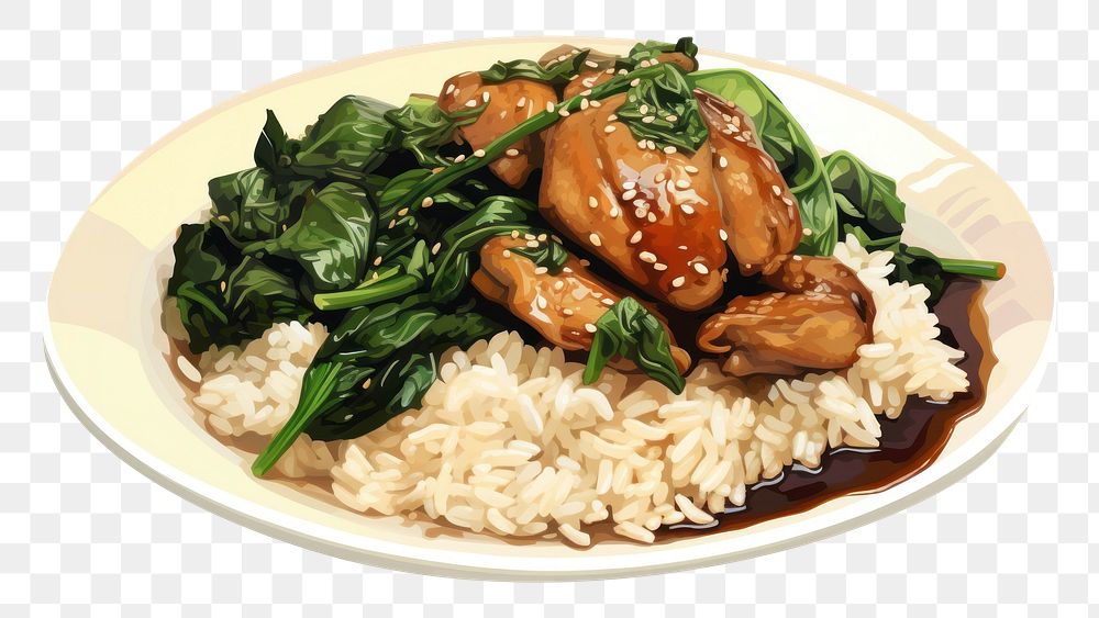 PNG Stir-fried turkey with rice and spinach on a plate vegetable meal food.