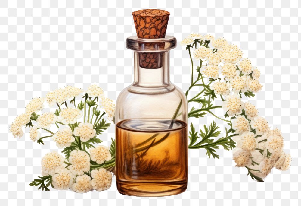PNG Yarrow flower with yarrow tincture in a glass bottle perfume plant white background.