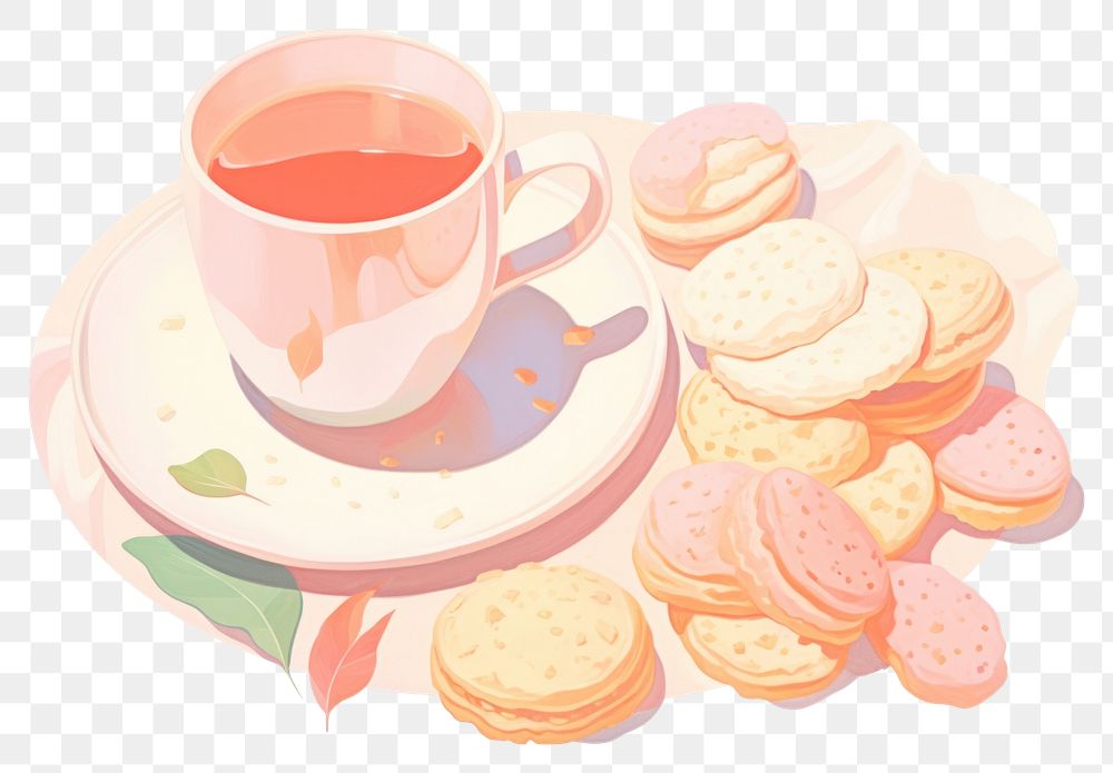 PNG Coffee cup and cookies on the plate saucer drink food.