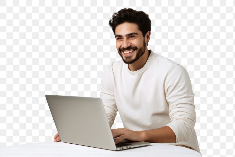 PNG Man works laptop computer smiling.
