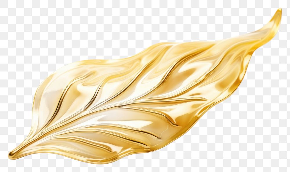 PNG 3d render of a leave in surreal abstract style jewelry gold white background.