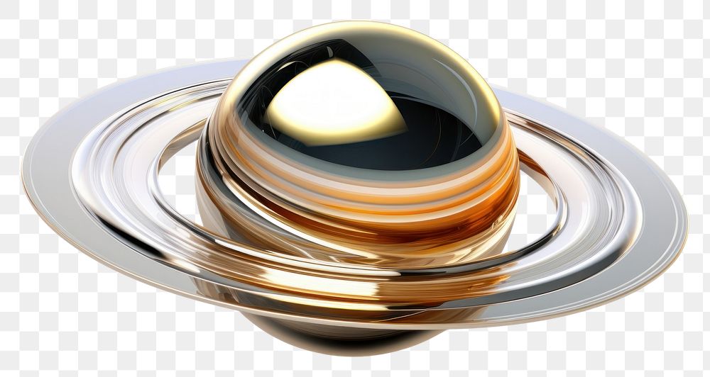 PNG 3d render of a saturn in surreal abstract style jewelry metal white background.