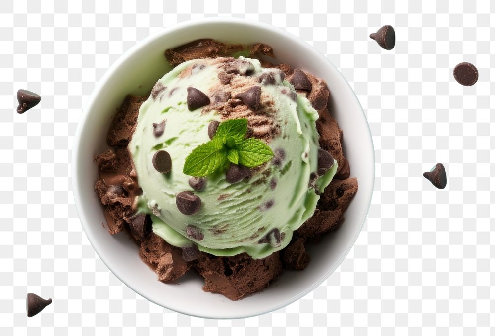 PNG Mint chocolate chip ice cream dessert sundae food.
