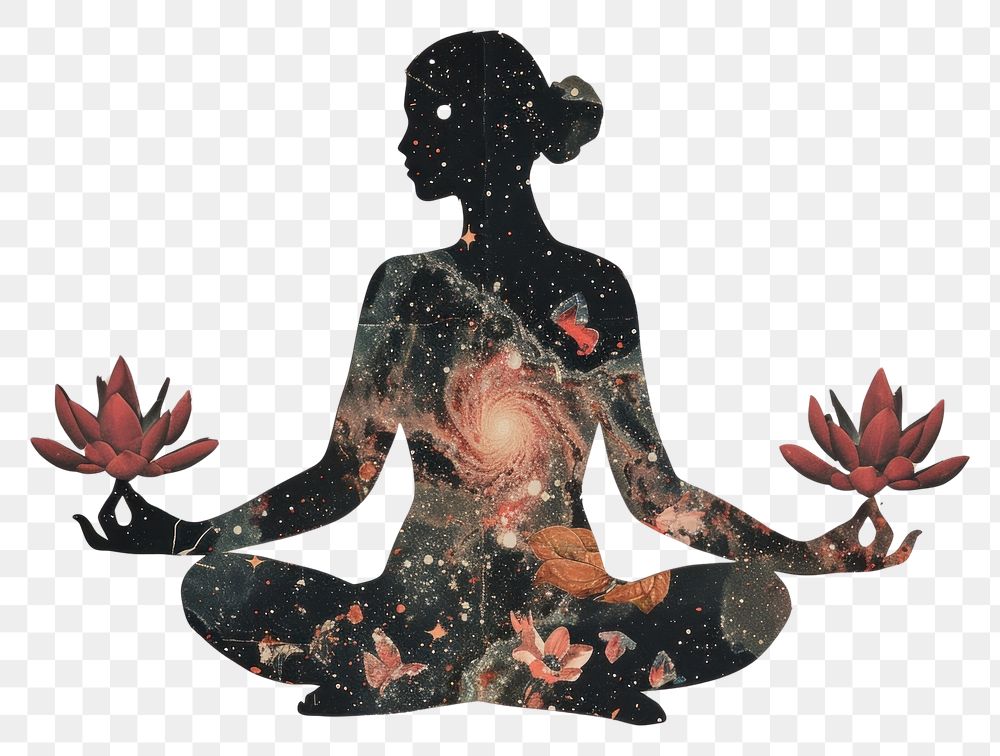 PNG Silhouette woman doing meditation spirituality flower art.