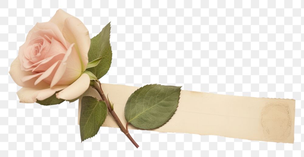 PNG Minimal adhesive tape is stuck on the rose flower plant leaf.