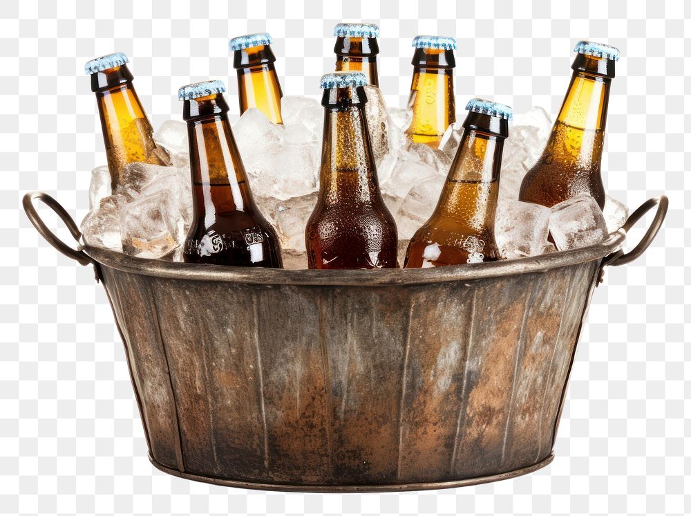 PNG Assorted beer bottles in a metal bucket full of ice drink white background refreshment.
