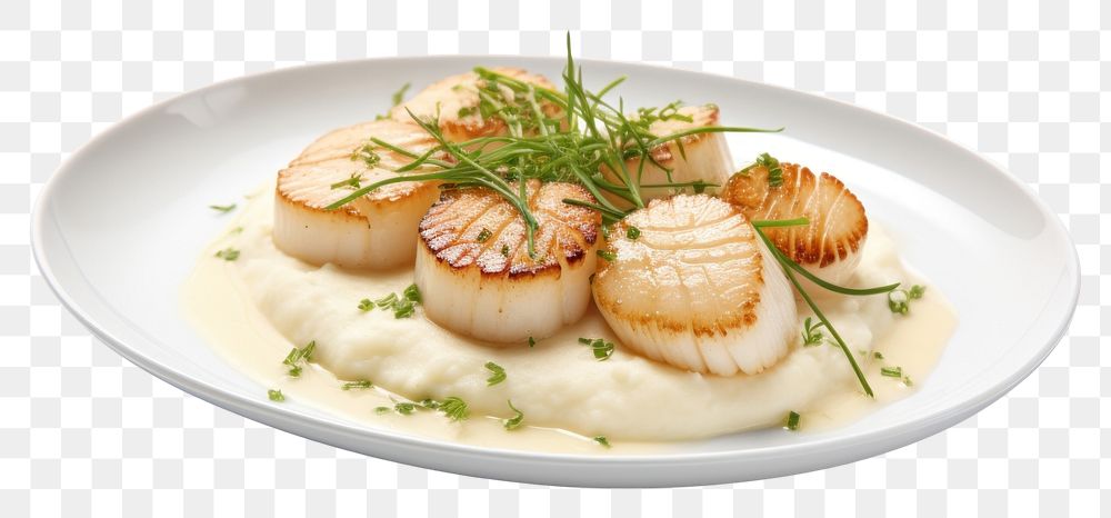 PNG Sancerre-Poached Scallops with Soft Grits plate food meal.