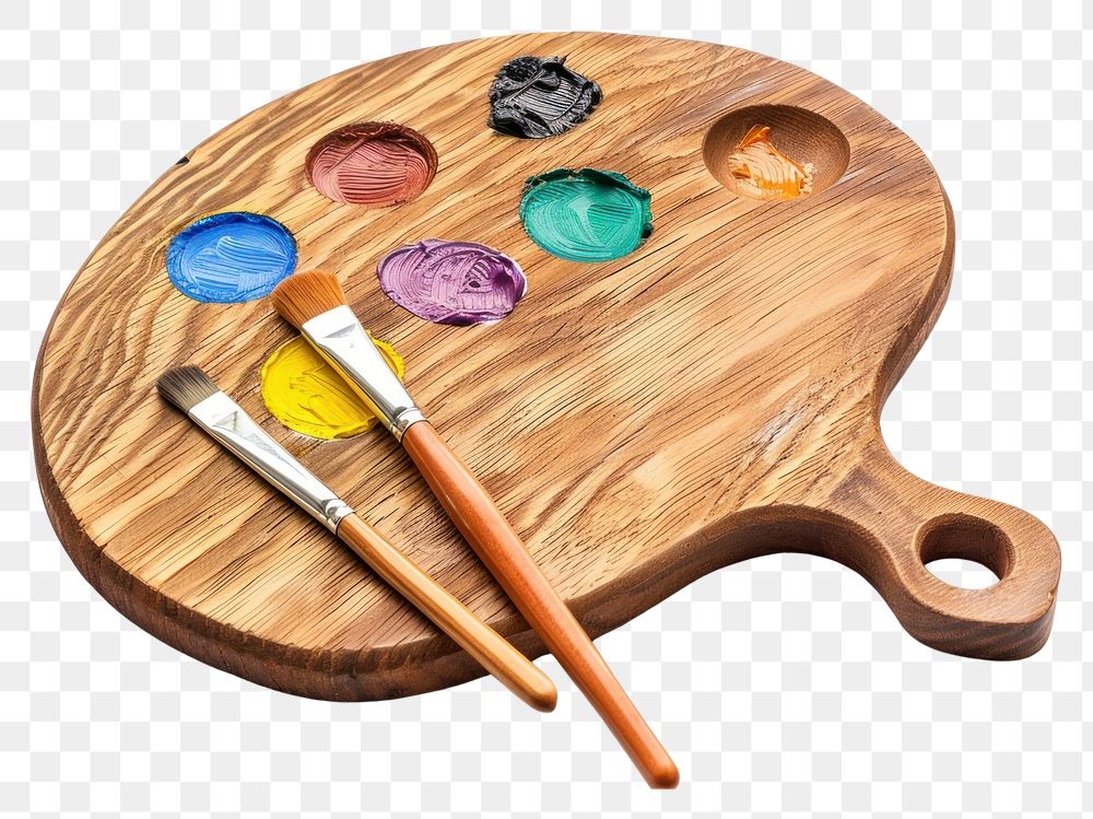 PNG Wooden art palette with blobs of paint and a brushes tool wood white background.