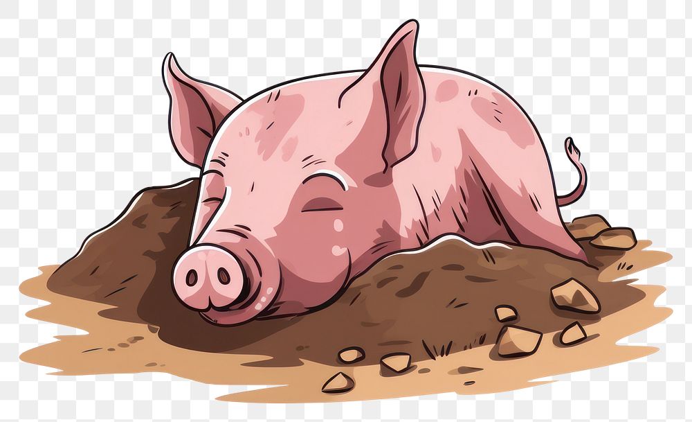 PNG Pig sleeping in mud drawing cartoon animal.