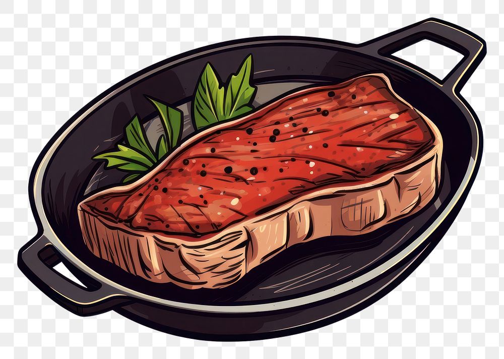 PNG Steak on pan grilling cartoon cooking.